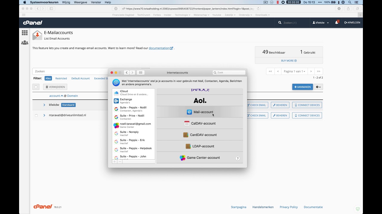 cPanel mailaccount aanmaken bij Peppix
