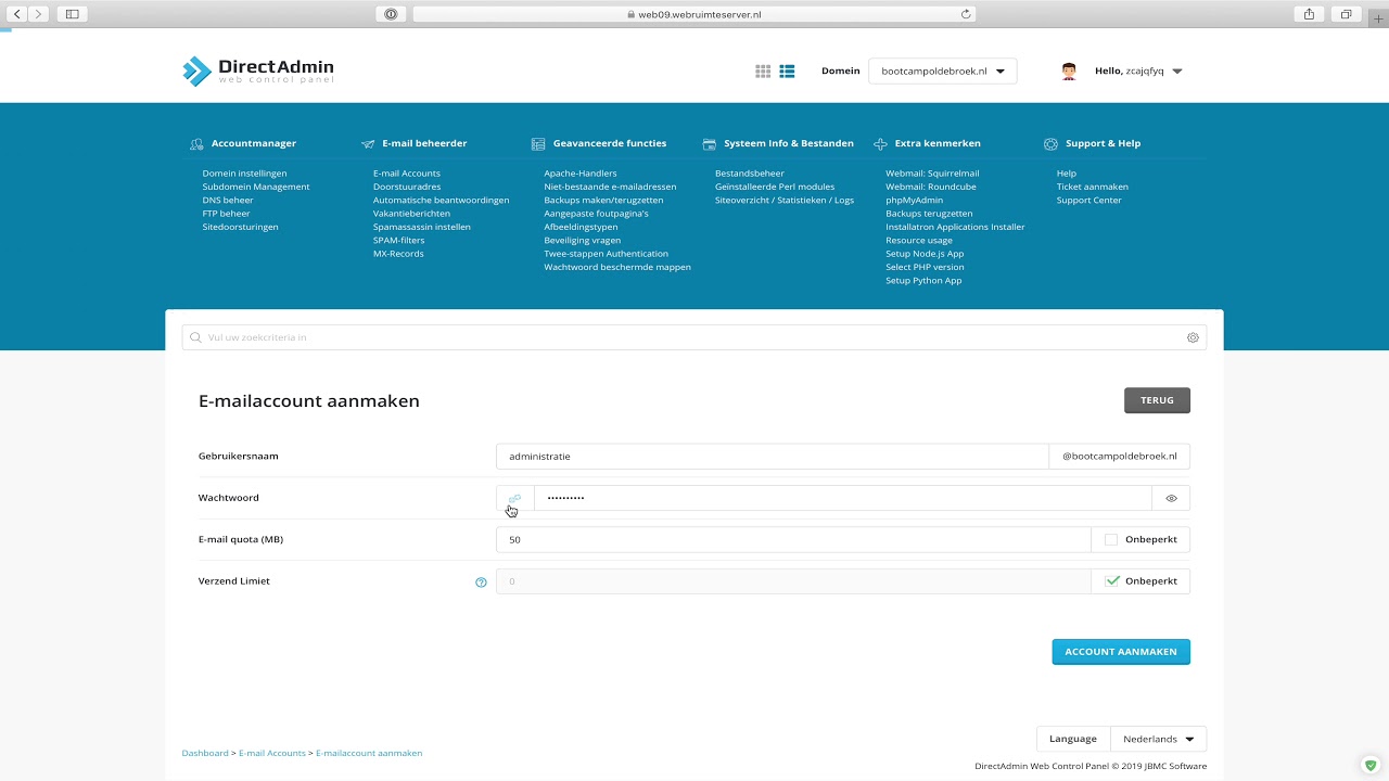 DirectAdmin mailaccount toevoegen bij Peppix