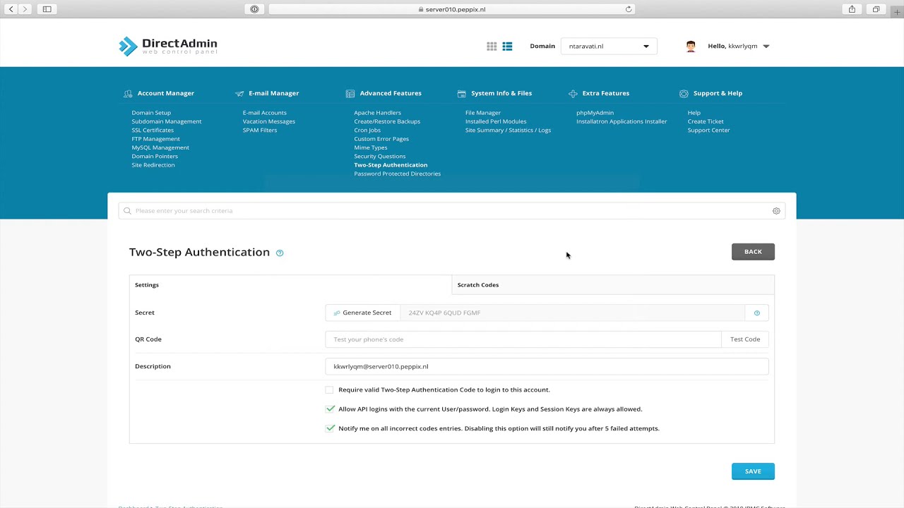 DirectAdmin tweestapsverificatie instellen bij Peppix
