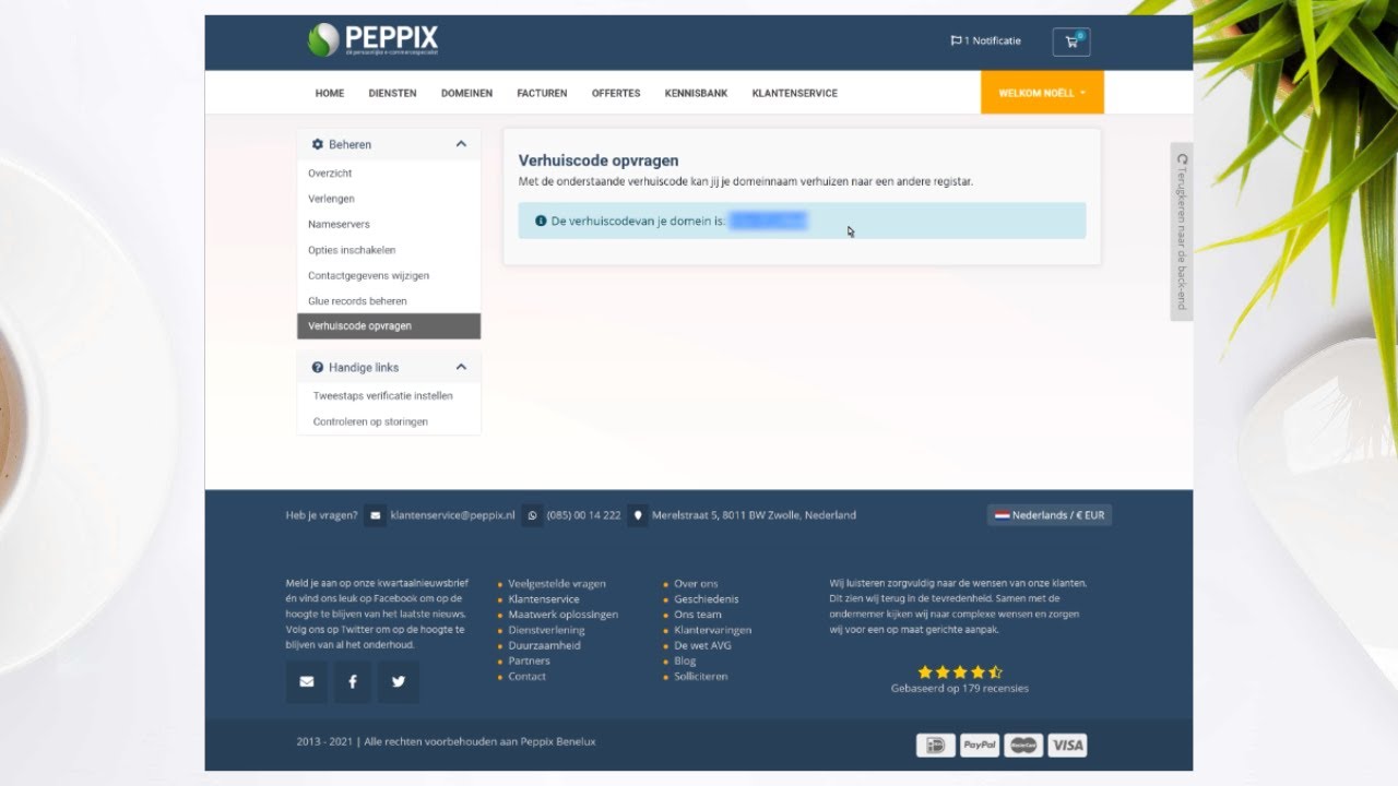 Domeinverhuiscode opvragen via Mijn Peppix: voor Google Workspace bij Peppix