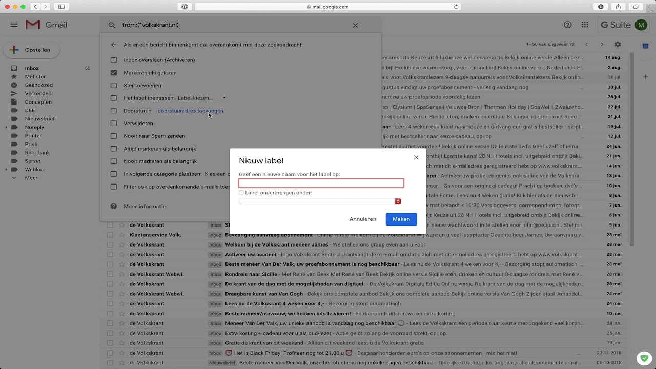 Gmail filter mails op basis van zoekterm bij Peppix