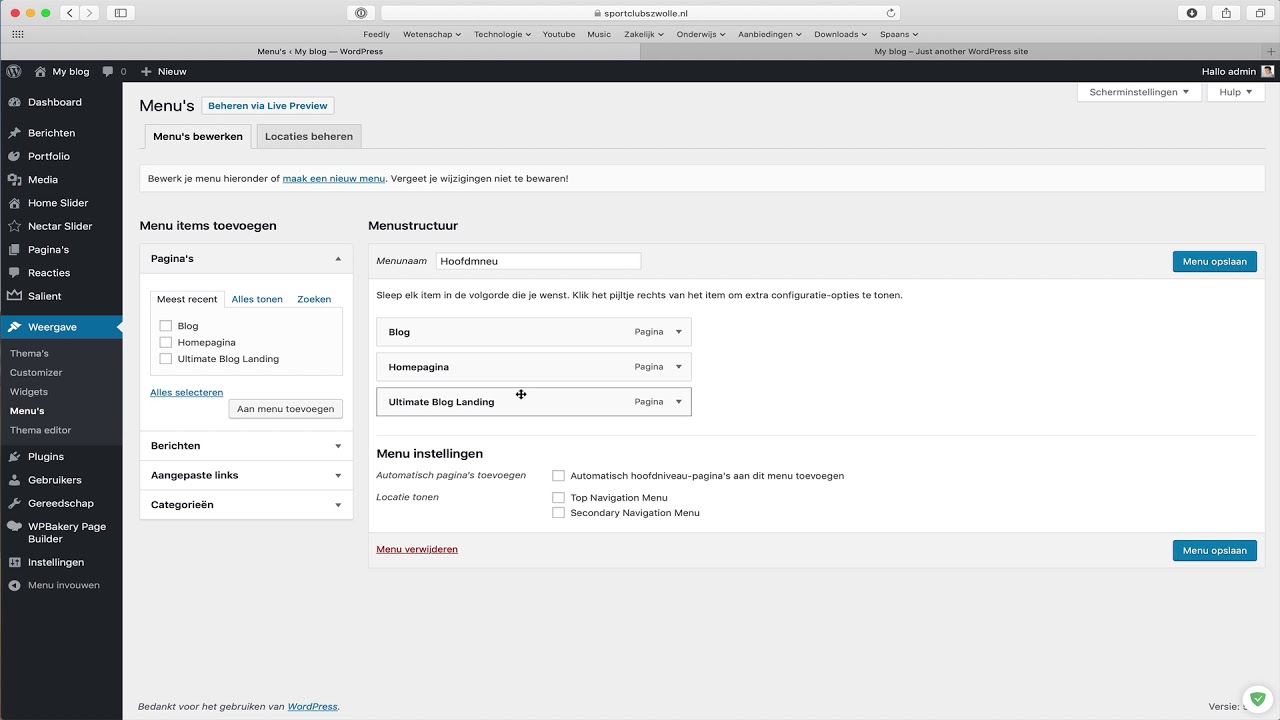 WordPress menu aanmaken en wijzigen bij Peppix